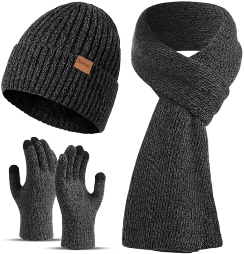 floconssy Men's Winter Hat Scarf Gloves Set of 3, Knit Thermal Combo Gifts by floconssy