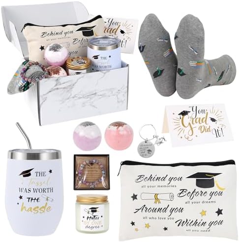 Kolewo4ever 10-Piece Graduation Gift Set: Congratulations Gifts - 12 OZ Insulated Tumbler, Candle, Keychain, Bracelet, Makeup Bag, Socks, Greeting Card, Bath Bombs for Women & Girls College Graduation by Kolewo4ever