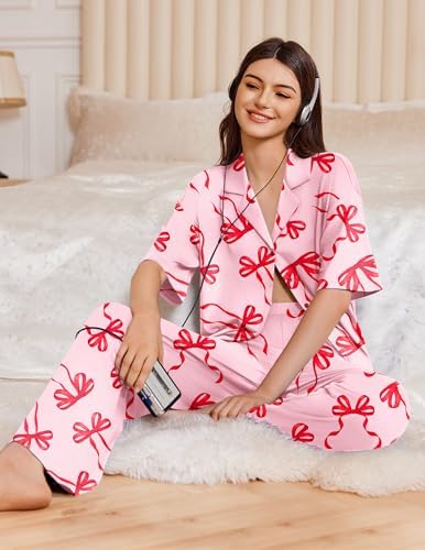 Ekouaer Women Pajamas Set Button Down Sleepwear Short Sleeve Pjs Long Pants - Image 4