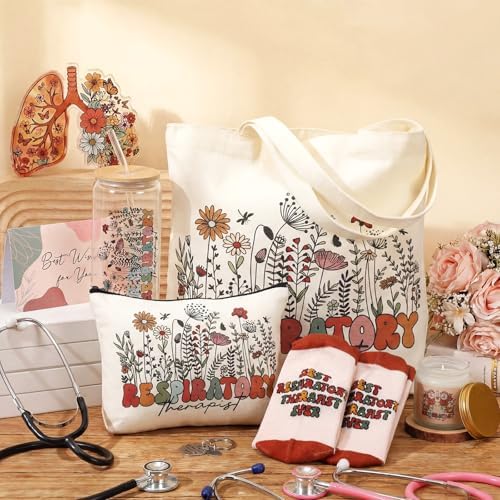 Funnymoom 6 Pcs Respiratory Therapist Gifts for Women Thank You Therapist Gifts with17 oz Glass Cup Canvas Tote Makeup Bag Birthday Gift Set for Respiratory Therapy - Image 2