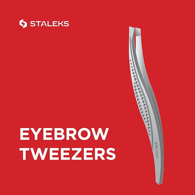 STALEKS CLASSIC 12 Type 3 Eyebrow Tweezers – Wide Beveled Stainless Steel with Ergonomic Notches for Thick Brows & Comfortable Home Use