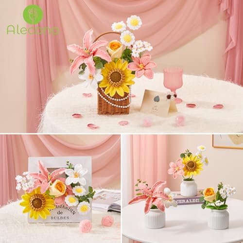 Alecono Large Crochet Flower Bouquet Pink Handmade Sunflower Floral Set - Image 5
