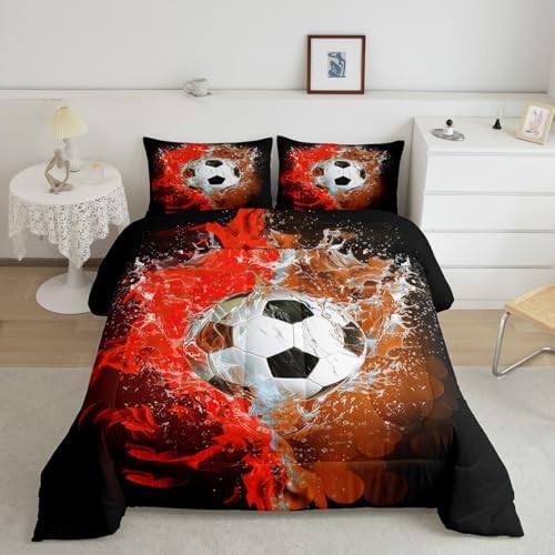 Erosebridal Soccer Print Kids Bedding | 3D Football Pattern Queen Comforter Sets,Red Flame Soccer Comforter Sports Games Duvet Insert with 2 Pillow Cases - Image 7