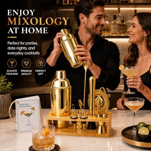 Gold Cocktail Shaker Set, Premium 18/8 Stainless Steel Mixology Bartender Kit with Stylish Bamboo Stand 10-Piece Bar Tools & Accessories for Home Bar for Men, Dad, Husband - Image 7