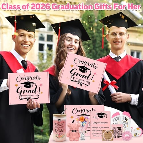 12 Pieces 2026 Graduation Gift Box Set, Class of 2026 Graduation Gift Basket with 16 Oz Glass, Socks, Bear Towel, Journal Notebook, Makeup Bag, Bracelet, Keychain for High School College Gifts - Image 6