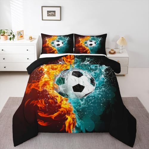 Erosebridal Soccer Bedding Full,Ice Flame Soccer Comforter Set Playroom Sports Bed Sets Football Themed Duvet Insert 3 Pieces by Erosebridal