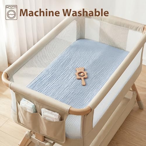 Muslin Bassinet Sheet Compatible with Mika Micky & Baby Delight Bedside Sleeper - 100% Cotton Rectangular Mattress Pad Cover (35"x20"), Breathable & Soft, Boho (1 Pack Blue) - Image 6
