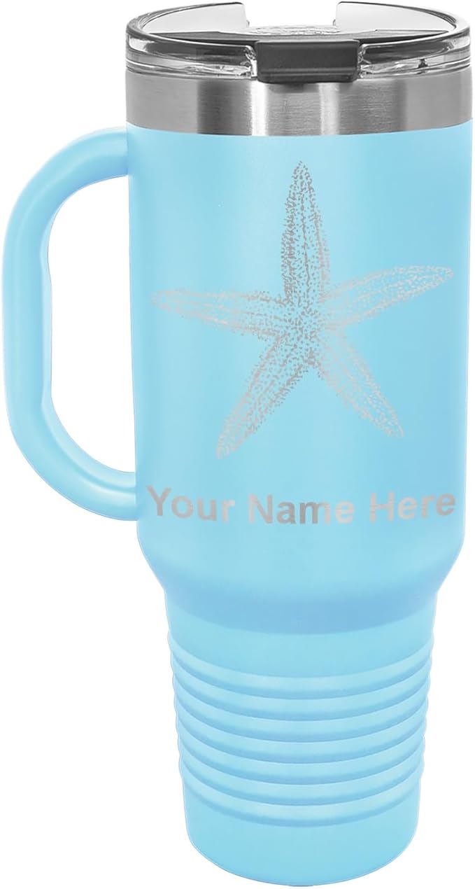 LaserGram 40oz Vacuum Insulated Travel Mug with Handle, Starfish, Personalized Engraving Included (Light Blue)