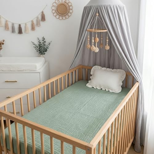 Pro Goleem 2 Pack Muslin Crib Sheets for Boys and Girls, Soft Breathable Neutral Fitted Cotton Baby Bed Sheets Set for Standard Crib Mattress & Toddler Mattress 52"x28", (Grey＆Green) - Image 7