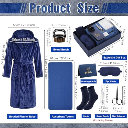 9 Pcs Birthday Gifts for Men Beard Care Set for Him Father's Gifts Basket Kit Get Well Soon Gift Basket with Hooded Robe, Long Towel, Socks for Dad Grandpa Husband Boyfriend(Navy) - Image 2