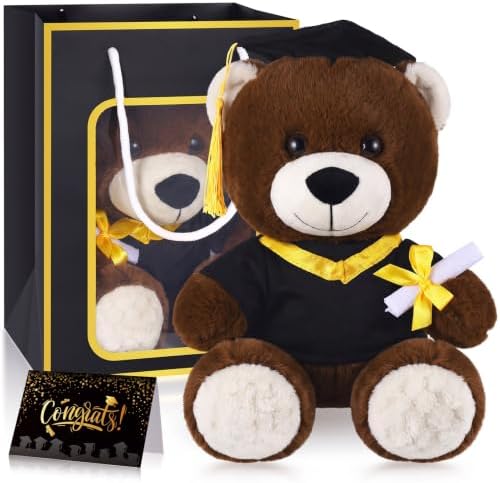 Bear with Graduation Cap Toys Class of 2026 Plush Stuffed Teddy Bear Animal Dog Cap and Gown with Greeting Card and Bag for Graduation Day Gift(Black A) by ZJoey