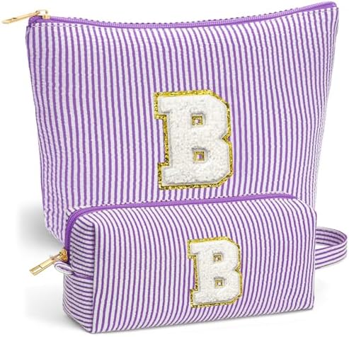 Birthday Gifts for Women - Initial Makeup Bag Set, Portable Makeup Pouch Cosmetic Bag with Zipper, Travel Essentials Toiletry Bag Travel Gifts for Women, Purple Letter B by Fohufo
