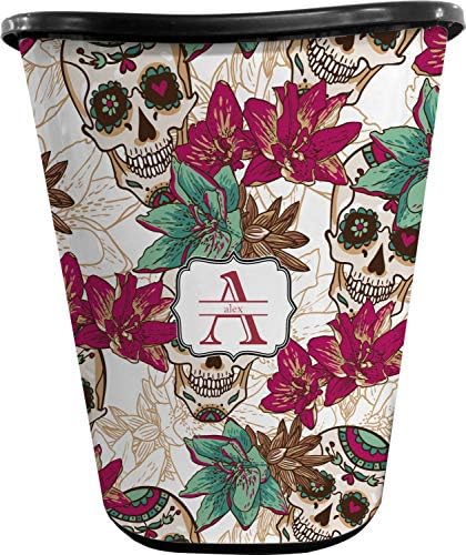 Personalized Sugar Skulls & Flowers Waste Basket - Double Sided (Black) by Unknown