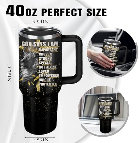 Christian Gifts for Men, 40 oz God Says I Am Lion Tumbler with Handle, Inspirational Religious Birthday Gifts, Lion Christian Gift for Spiritual Catholic Faith Jesus Bible God Prayer Cup - Image 7