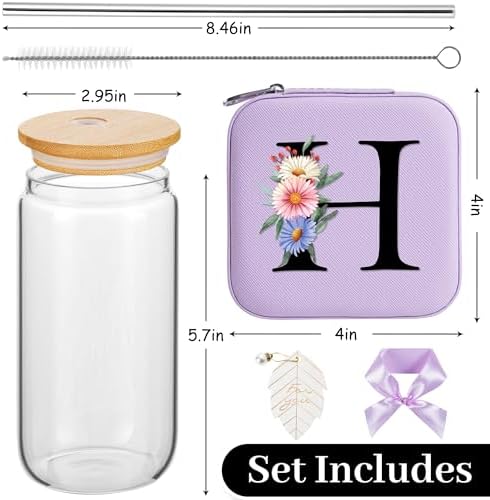 AYGXU Birthday Gifts for Women,Initial Glass Cup,Cute Tumbler Cup,bamboo lids for glass cups,Travel Jewelry Organizer,Teen Girls Gifts for Teenage Girls Birthday,Initial H purple - Image 2