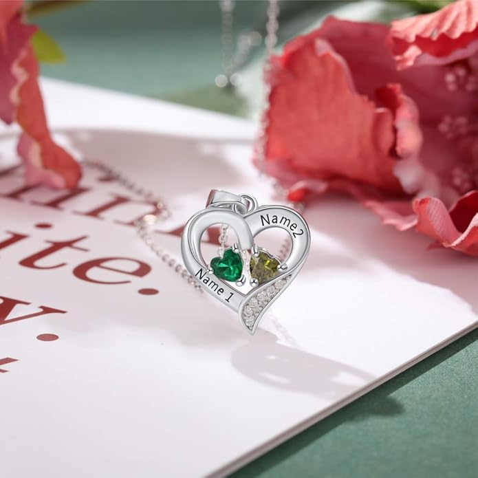 Sterling Silver Personalized 2 Names Necklace with 2 Heart Simulated Birthstone Couple Pendant Necklace for Women
