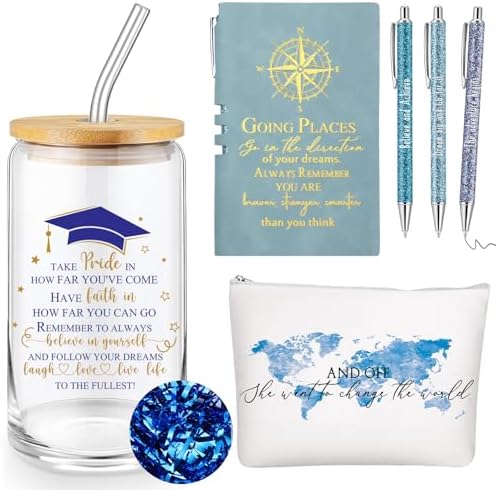 Domensi 6 Pcs Class of 2026 Graduation Gift for Her 16oz Glass Cup Makeup Bag Compass Journal Ballpoint Pens Inspirational Graduation Gift Set for College High School Daughter Sister Friend(Blue) by Domensi