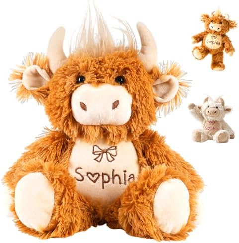 Custom Embroidered Plush Highland Cow with Name, Personalized Baby Plush Toys, Personalized Highland Cow Stuffed Animal, 1-14 Year Old Girl Toys, Christmas Birthday Gifts for Baby Boys Girls Toddlers by Individz