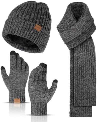 Winter Beanie Hats Long Neck Scarf for Men and Touchscreen Gloves 3PCS Set by HONNESSERRY