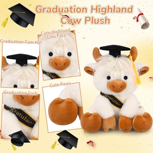 2026 Graduation Highland Cow Plush Toy- 8inch White Highland Cow - Image 2