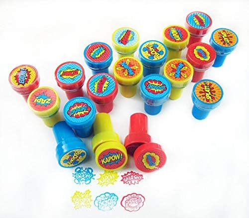 Tiny Mills 24 Pcs Superhero Assorted Stamps for Kids - Self Ink Stamps (12 Different Designs) - Superhero Birthday Party Favors, Goody Bag Filler Treats, Classroom Rewards