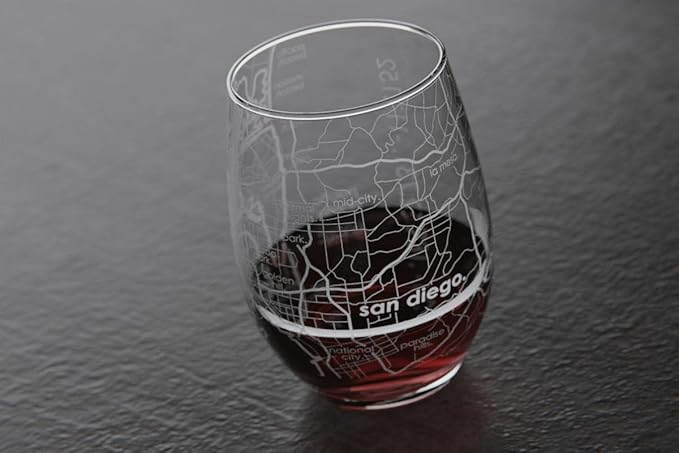 Well Told Engraved San Diego California Map Stemless Wine Glass, Etched Glass (15 oz, Clear) City Custom Gifts for Lovers