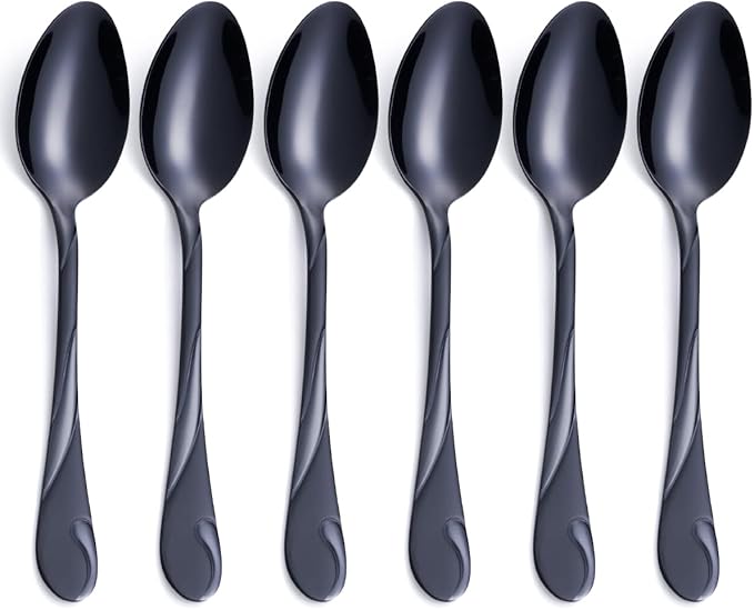 Black Dinner Spoon Set, Seeshine 7.6-inch Stainless Steel Shiny Black Soup Table Spoon Silverware, Set of 6