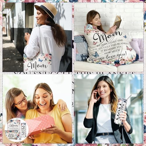 Geiserailie 5 Pcs Mother's Gift Set for Mom Include Colorful Butterfly Flower Blanket 20oz Stainless Steel Tumbler with Straw and Brush Best Mom Ever Makeup Bag Keychain for Mother from Daughter Son - Image 6
