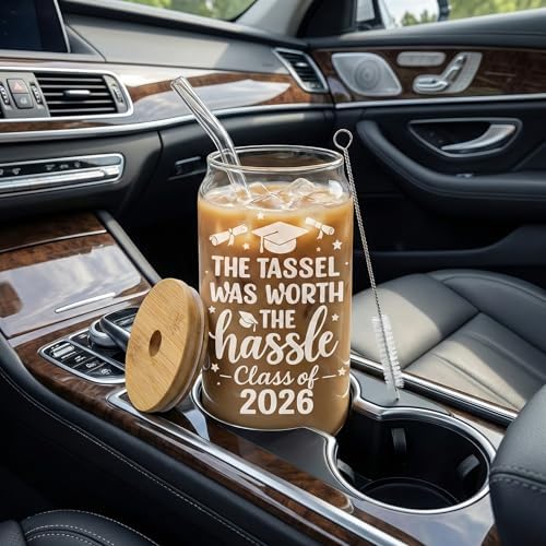 Class of 2026 Graduation Glass Cup with Lid & Straw – “The Tassel was Worth The Hassle” Iced Coffee Glass, 16oz Frosted Can-Shaped Cup, Senior Graduation Gift for Him Her, Graduate Party Drinkware - Image 5