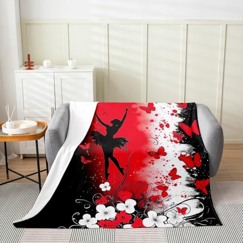 Erosebridal Red Butterfly Flannel Blanket Throw 50x60 Inch Ballet Fleece Blanket Florals Ink Style Branch Fuzzy Plush Throw Ballerinas Silhouette Ink Dots Living Room Decor - Image 2