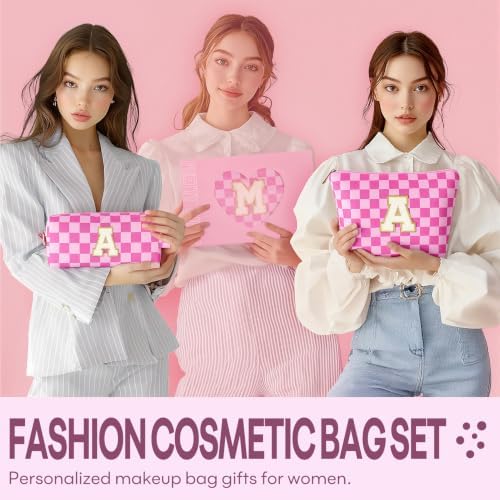 mibasies 2 PCS Initial Makeup Bags for Women: Cosmetic Bag for Travel Toiletry - Birthday Gifts for Teen Girl Gifts Trendy Stuff - Graduation Teacher Gift for Girlfriend -Checkered Rose Red S - Image 5