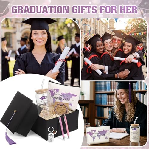 Vesici 8 Pcs Class of 2026 Graduation Gift Box Set for Women Her Grad Cap Box Glass Cup Makeup Bag Bracelet Pen Keychain College High School Graduation Gift for Daughter Sister Friend(Purple) - Image 4
