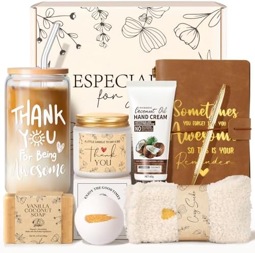 Frerdui Thank You Gifts for Women Appreciation Gift Box for Coworker Teacher Boss Employee Appreciation Self Care Gift Set with 16oz Thank You for Being Awesome Glass Cup Notebook Candle & Spa Items by Frerdui