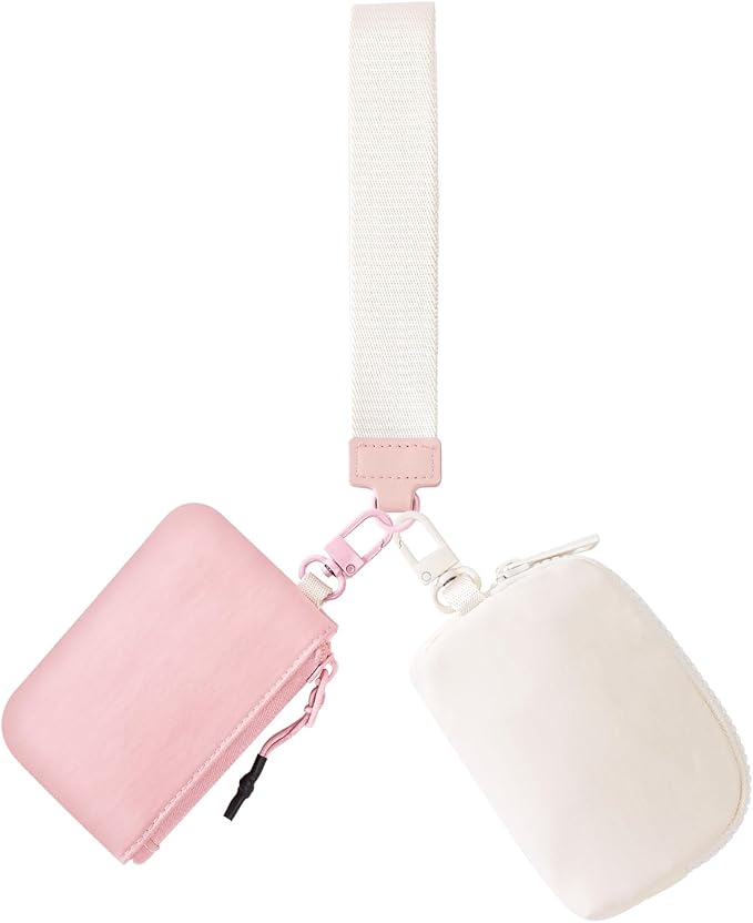 Dual Pouch Wristlet Keychain Wallets for Women with 2 Detachable Zipper Coin Purse - Small and Portable Mini Card Wallet for Women Men Pink+Ivory
