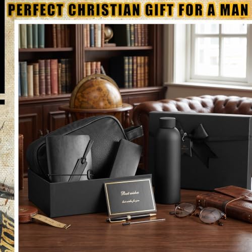 8 Pcs Birthday Gifts for Men Thank You Gift Basket Ideas Set 17 oz Stainless Steel PU Leather Notebook Toiletry Bag Bookmark Pen with Box Greeting Card for Dad Grandpa Husband Christmas - Image 4