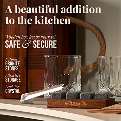 Mixology & Craft Premium Whiskey Set | Two 10oz Cystal Old-Fashioned Glasses, 8 Granite Chilling Stones, Metal Tongs, Recipe Cards in Rustic Wooden Crate Gift Set | Jameson Whiskey - Image 4