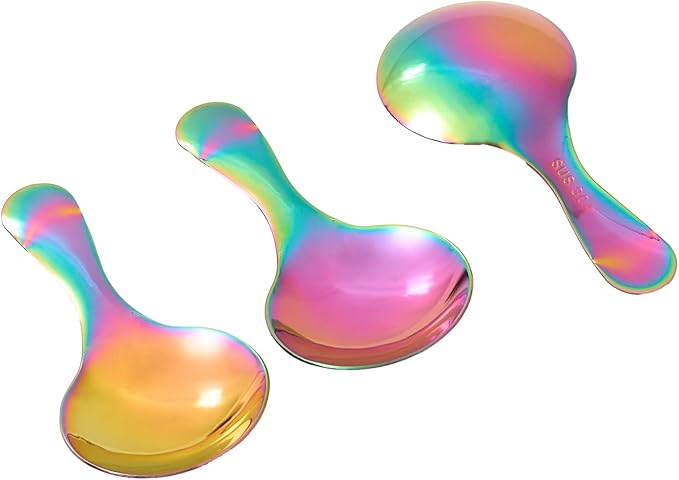 Colored Stainless Steel Short Handle Spoons 3 Pack Iridescent Round Dessert Spoons 304 Steel Mini Spoon Set for Coffee Ice Cream Tea Seasoning Rainbow （3.58 x 1.77Inch）