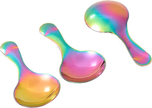 Colored Stainless Steel Short Handle Spoons 3 Pack Iridescent Round Dessert Spoons 304 Steel Mini Spoon Set for Coffee Ice Cream Tea Seasoning Rainbow （3.58 x 1.77Inch）