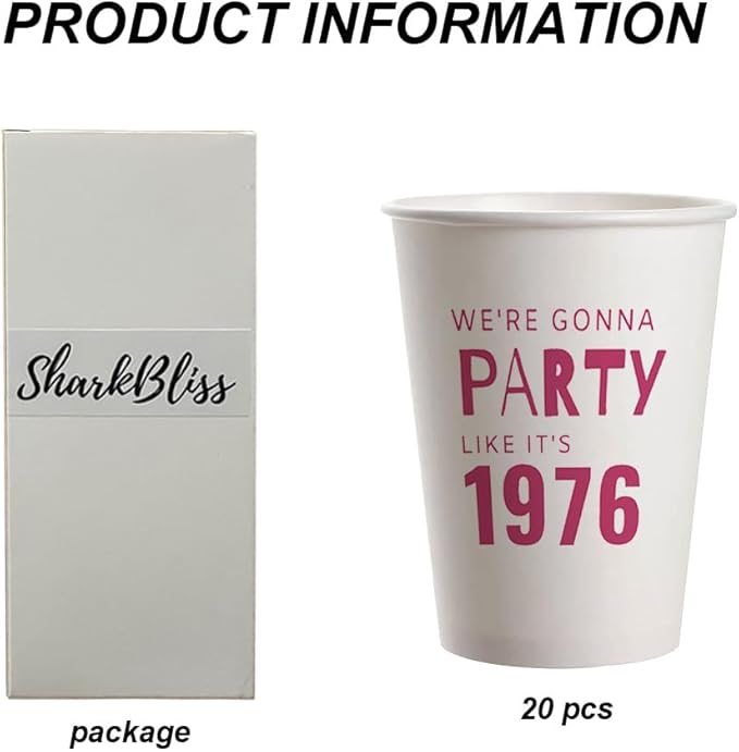 SharkBliss 1976 50th Birthday Party Cups 9oz Pink 20 Pack for Women Men – Party Like It's 1976