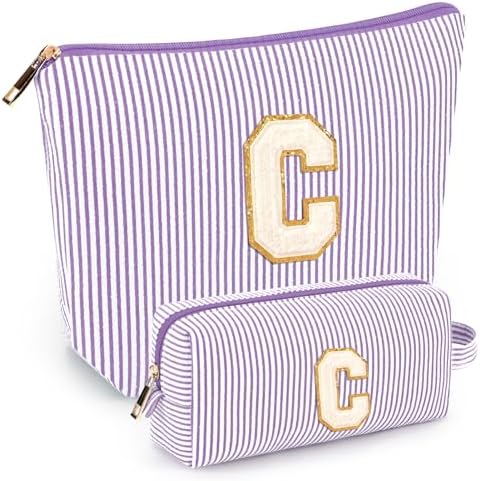 2 PCS Initial Makeup Bags for Women: Cosmetic Bag for Travel Toiletry - Birthday Gifts for 11 12 13 14 15 16 17 18 Years Old Girl Graduation Teacher Gift- Teen Girl Gifts Trendy Stuff - Purple C by mibasies