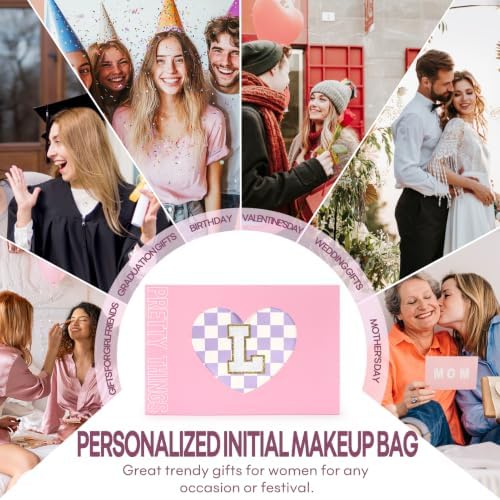 mibasies 2 PCS Initial Makeup Bags for Women: Cosmetic Bag for Travel Toiletry - Birthday Gifts for Teen Girl Gifts Trendy Stuff - Graduation Teacher Gift for Girlfriend -Checkered Purple L - Image 6
