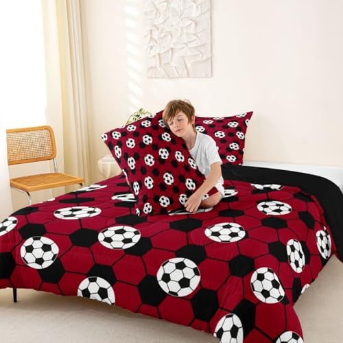 Erosebridal Football Bedding King,Soccer Ball Comforter Set Sports Theme Bed Sets Red and Black Duvet Insert 3 Pieces - Image 3