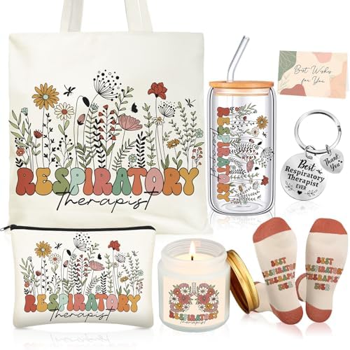 Funnymoom 6 Pcs Respiratory Therapist Gifts for Women Thank You Therapist Gifts with17 oz Glass Cup Canvas Tote Makeup Bag Birthday Gift Set for Respiratory Therapy by Funnymoom