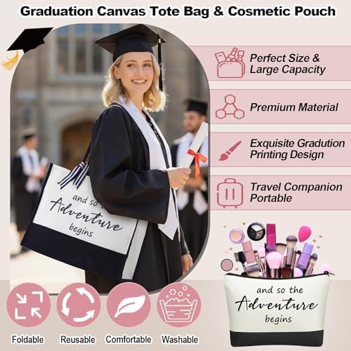 Thyle 6 Pcs Graduation Gifts for Her 2026 College Congratulations Grad Gifts for Women and So the Adventure Begins Tote Bag Makeup Bag Socks Bracelet Card Cup for Women High School Daughter Friends - Image 4
