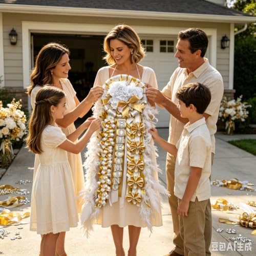 31'' Advanced Large Homecoming Mum Supplies Luxury Silk Homecoming Mum Flower with Feather Gold White Satin Ribbon Senior Night Back to School Week Party Decor - Image 4
