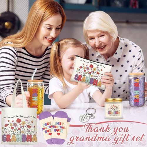 Funnymoom 6 Pcs Grandma Gifts for Women, Best Grandma Birthday Gift from Granddaughter Grandchildren Grand kids, 17 oz Glass Cup Canvas Tote Bag for Birthday - Image 5