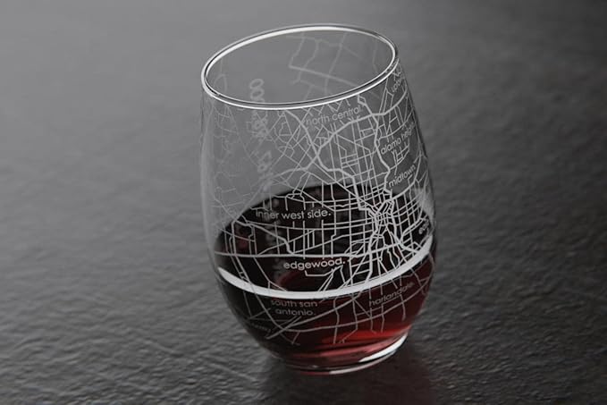 Well Told Engraved San Antonio Texas Glass, Etched City Map Stemless Wine Glass (15 oz, Clear) - Custom Gift for Wine Lovers
