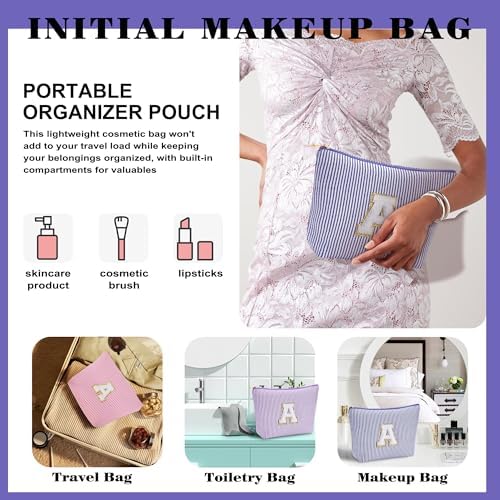 Initial Makeup Kit - Cosmetic Bags for Women, Make up Bag Set Portable Travel Toiletry Bag with Zipper, Cute Blue Stuff Birthday Gifts for Women Mom Girlfriend, Blue Letter C - Image 3