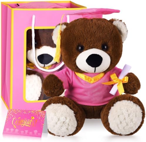 Bear with Graduation Cap Toys Class of 2026 Plush Stuffed Teddy Bear Animal Dog Cap and Gown with Greeting Card and Bag for Graduation Day Gift(Pink) by ZJoey