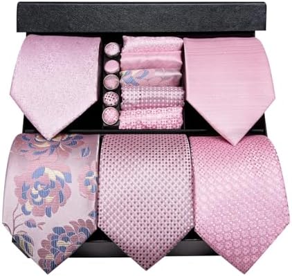 Hi-Tie Lot 5 Pcs Gift Box Mens Tie Set Necktie with Pocket Square Cufflinks Silk Neck Tie Collection by Hi-Tie